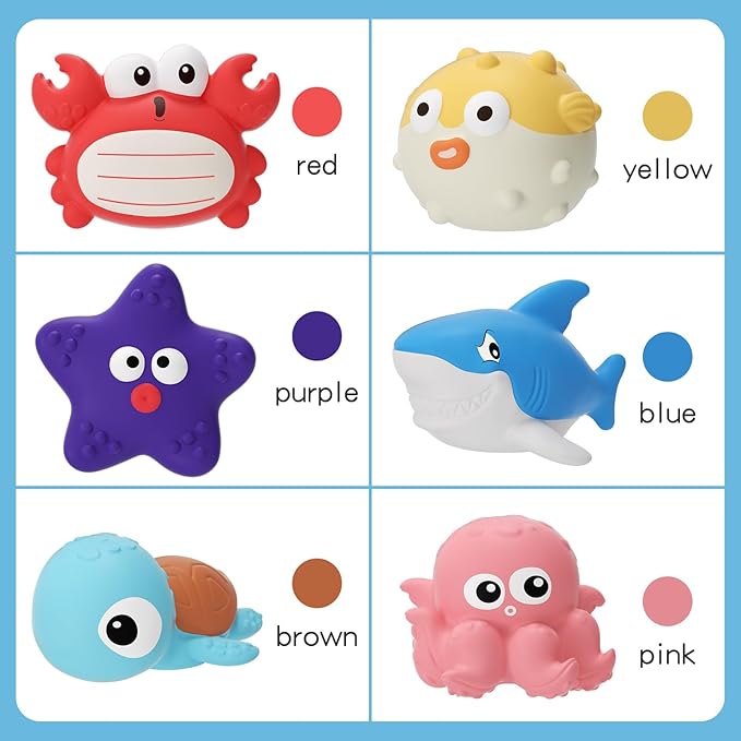Bath Toys for Toddlers 18 Month, Bathtub Toys with 6 Baby Bath Animals, No-Hole Design Keeps Dry, Floating Toys Set for Baby 1 Year Old Boys & Girls (6 Pack)