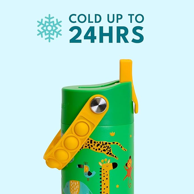 Elemental Insulated Kids Water Bottle, Stainless Steel Water Bottle with Straw Lid & Pop-It Handle, Leak-Proof Water Bottles for School, Boys or Girls, Travelling and Sports, 18oz - Green Jungle