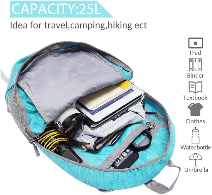 ZOMAKE 25L Ultra Lightweight Packable Backpack, Foldable Hiking Backpacks Water Resistant Small Folding Daypack for Travel(Aqua Blue)