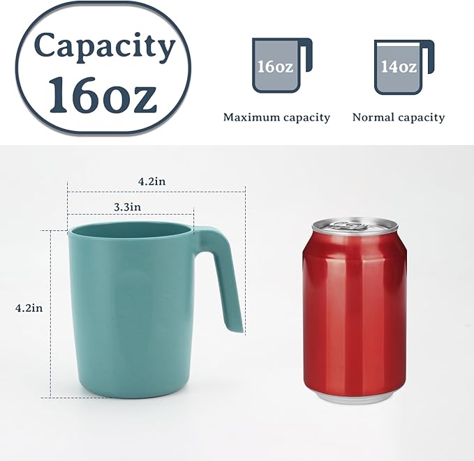 16oz Wheat Straw Cups with handles set of 6-Plastic Cups Reusable-Unbreakable Kids Mugs-Dishwasher Safe & Microwave Safe-Ideal Plastic Mugs for Tea,Coffee,Camping,RV-Green