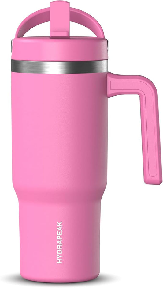 Hydrapeak Kids Voyager 18 oz Tumbler with Handle and Flip-Up Straw Lid | Spill Proof and Leak Resistant | Reusable Stainless Steel Water Bottle | Gift for Kids Boys Girls | Hot Pink