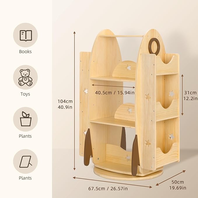 OOOK Rocket Rotating Bookshelf for Kids, 360 Display Spinning Bookshelf Tower with Large Capacity Design, Montessori Toy Shelf for Kids Rooms, Classroom, Play Room