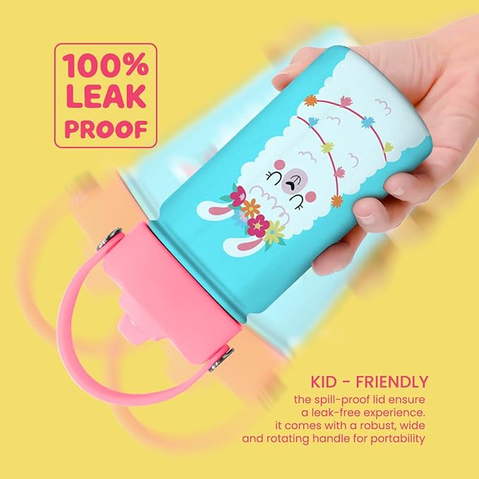 Llama Water Bottle - Kids Water Bottle with Straw Lid - 12 Oz Insulated Stainless Steel Water Bottles for Kid Girls - Travel Cup for School Sports