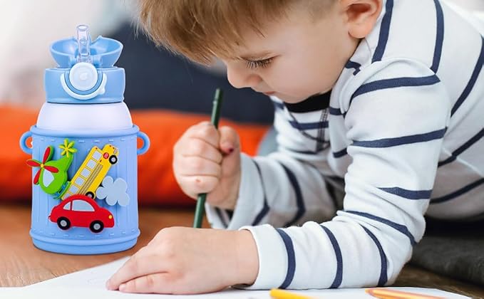 Kids Insulated Tumbler Set – 16 oz Stainless Steel Bottle with 2 Lids (Straw + Pour), Screw-On Cup, Adjustable Strap, Silicone Sleeve + 8 Charms – BPA-Free, Gift-Ready (Car Race)