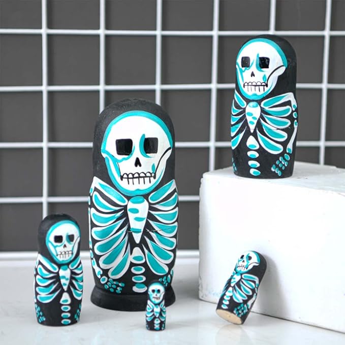 Skull Nesting Dolls Wooden Matryoshka Russian Doll Handmade Stacking Toy Set 5 Pieces for Kids
