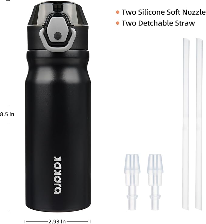 BJPKPK Water Bottle with Straw 18oz Insulated Water Bottles Reusable Stainless Steel Metal Thermal Flask with Leak Proof Lockable Lid and Carry Handle,Black