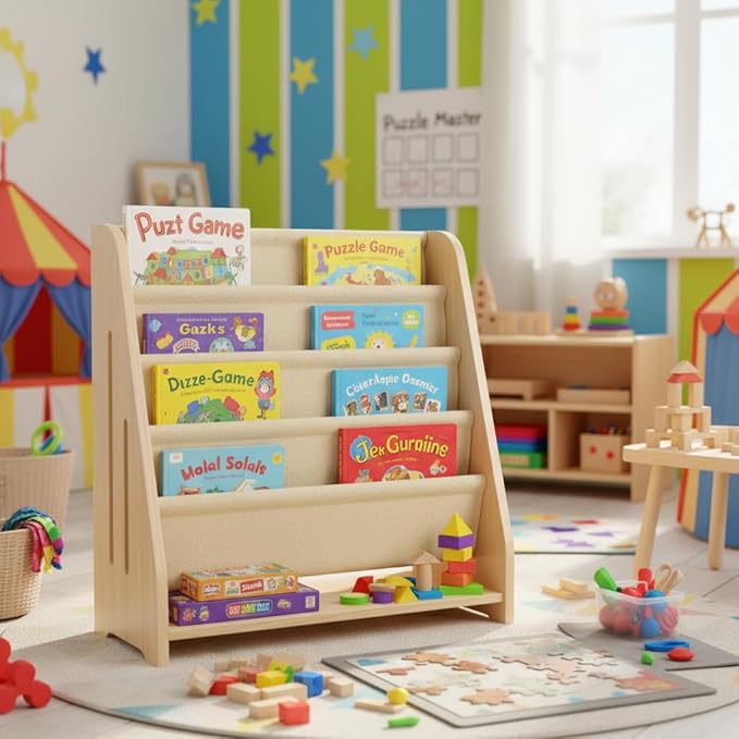 Baby Bookshelf Wood Montessori Kids Book Shelf Dutch Design 5Tier Scalloped,NaturalMapleWood Pattern