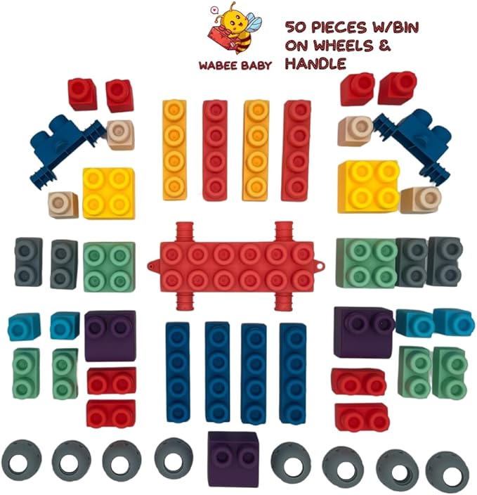 Big Soft Building Blocks for Toddlers 1-3 Year Olds - 50 Pieces in Storage Bin on Wheels - STEM Large Squishy Rubber Blocks for Sensory & Motor Skills - Montessori Stacking Baby Toys