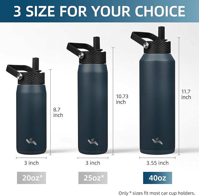 40oz Insulated Stainless Steel Water Bottle with Straw and 3 Lids, BPA-Free Sports Water Bottle,travel water bottle,Navy Blue