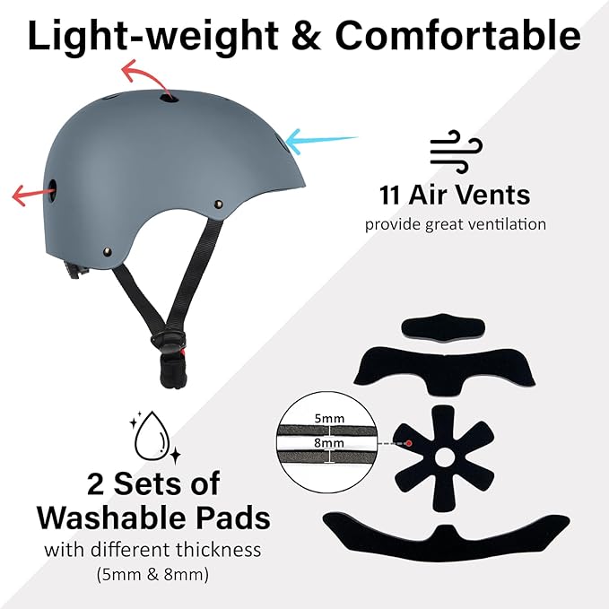 Skateboard Bike Helmet, Lightweight Adjustable, Multi-Sport for Bicycle Skate Scooter, 3 Sizes for Adult Youth & Kids