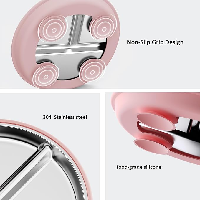 Stainless Steel Suction Plates for Toddlers, 9" Divided Kids Baby Plates with Removable Silicone Suction, Non Toxic Non Slip Portion Control Snack Dishes 4 Packs, Blue Green Gray Pink