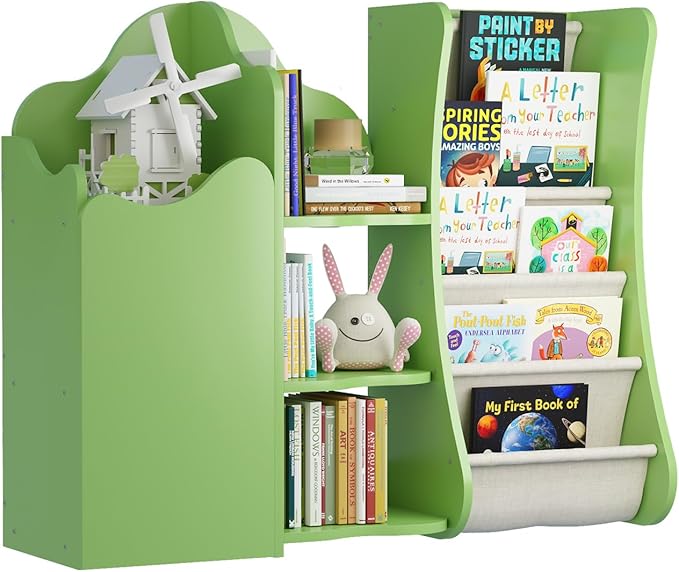 Tree House Kids Bookshelf Toddler Bookcase 4-Tier Baby Book Rack Sling Pocket Cabinet Children Toy Storage Organizer Wood Display Shelf Nursery Playroom Bedroom Classroom Preschool Boy Girl Gift