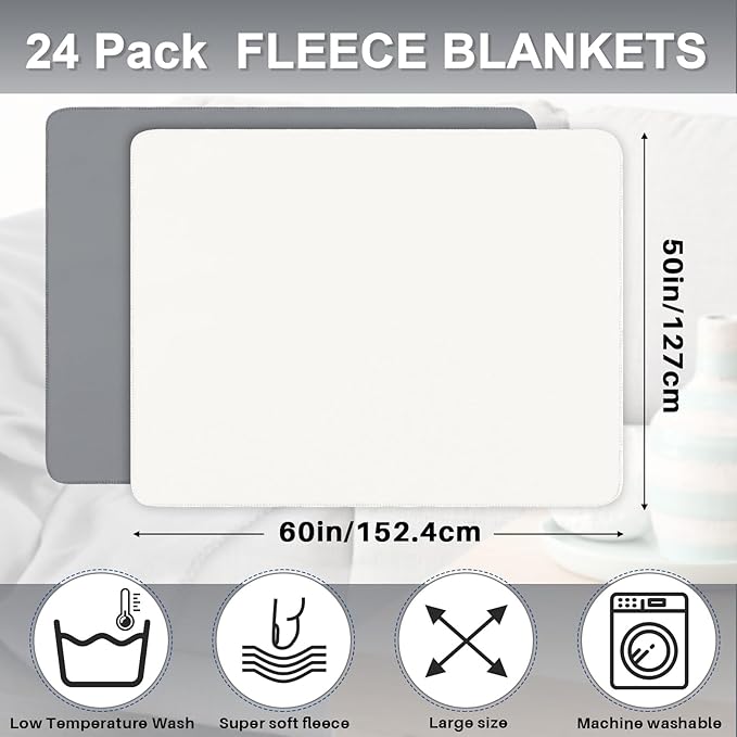 Newwiee 24 Pcs Fleece Throw Blankets Bulk Outdoor Wedding Guest Gifts Soft Lightweight Sleepover Lap Blankets Pet Home Sofa Couch Office Donation Homeless, 50 x 60 Inch (White/Gray)