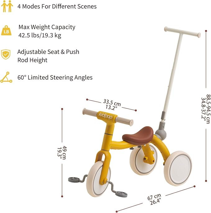 Kidpop Pony 4-in-1 Kids Tricycle Bike Stroller with Handle Push Bike for Toddlers 1-3 Award Winning Balance Bike Best Gift for Toddler (Yellow)