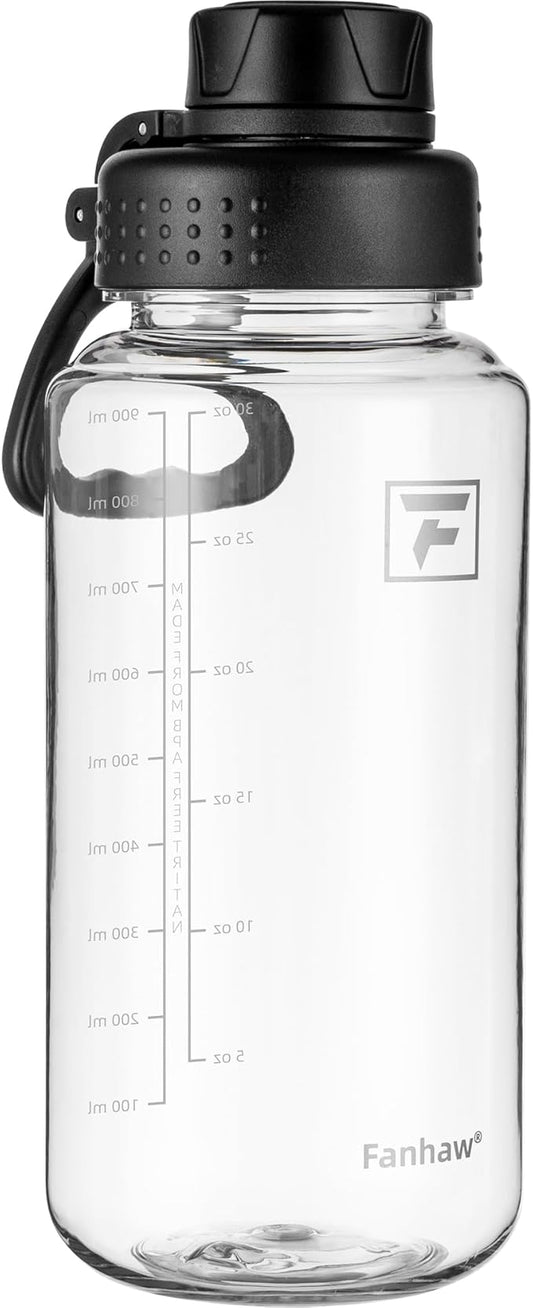 Fanhaw 32 oz Clear Water Bottle with Fast-Flow Spout Lid, BPA-Free Tritan, Wide Mouth, Leakproof, Reusable Bottle for Gym, School, Office, Travel (Clear&Black)