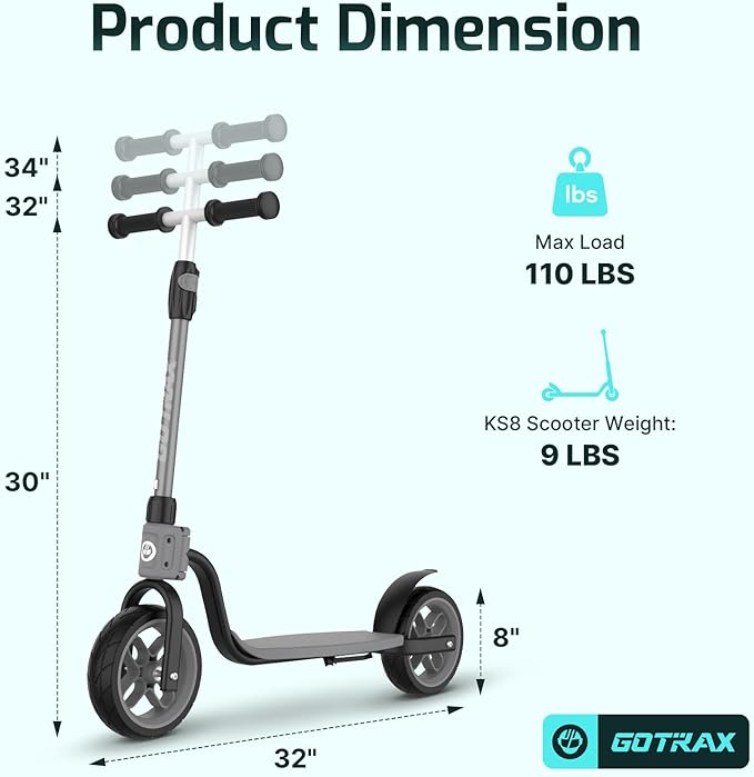 Gotrax KS8 Kick Scooter for Kids 5+, Large 8" Wheels and Height Adjustable Handlebar, Sturdy Wide Deck & Rear Brake, Detachable for Easy Storage, 2 Wheels Scooter for Kids, Teens, Gift for Boy & Girl
