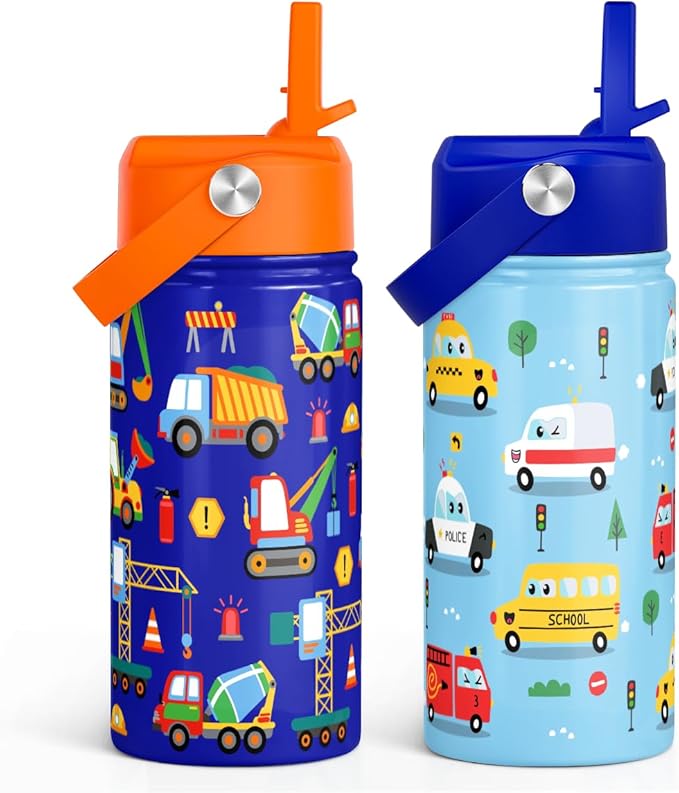 SANDJEST Kids Water Bottle with Straw Lid, Pack of 2 Insulated 12 Oz Stainless Steel Water Bottles for Boys, Travel Cup for School Sports, Construction - Transportation
