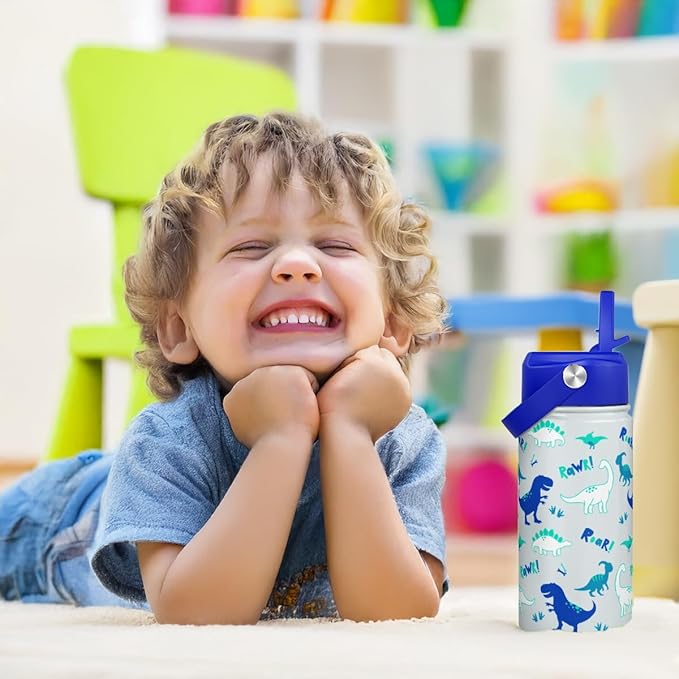 SANDJEST Dinosaur Kids Water Bottle with Straw Lid, Pack of 2 Insulated 12 Oz Stainless Steel Water Bottles for Boys, Travel Cup for School Sports