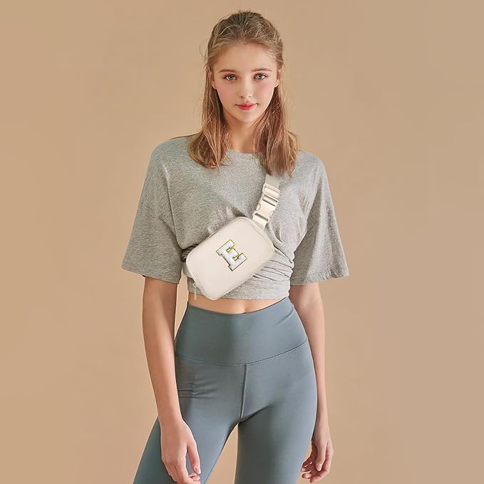 Gitus Birthday Gifts for 8 9 10 11 12 13 Year Old Girls Personalized Fanny Pack Crossbody Bags with Initial Letter Patch Belt Bag for Teen Girls Cute Trendy Stuff Travel Essentials (Ivory-E)