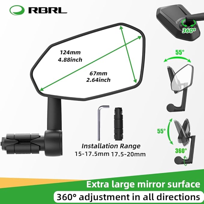 RBRL Bicycle Mirror, Extra Large Bike Mirror, 360° Adjustable Shatterproof and Durable Bar End Rear View Mirror Bike, Bicycle Side Mirror for E-Bike (Right)