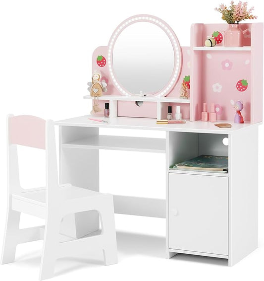 JOYLDIAS Kids Vanity with Lights, Pink Girls Makeup Vanity with Open Bookshelf, Storage Cabinet & Shelves, 2 in 1 Toddler Vanity Desk and Chair Set, Dressing Table for Kids 3+