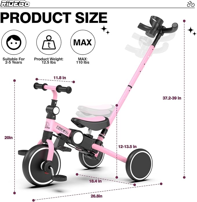 Ridego 5 in 1 Tricycle for Toddlers 3-5 Years Old,Foldable Toddler Bike with Push Handle and Cup Holder, Ideal Balance Bike and Birthday Gifts for 2 3 4 5 Year Old Boys Girls,Pink