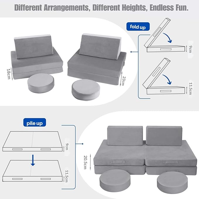MeMoreCool Kids Modular Play Couch – Compact Foam Explorer Sofa for Toddlers, Grey | Fold-Out Fort Building Blocks, Washable Covers, Ideal for Small Spaces & Playrooms