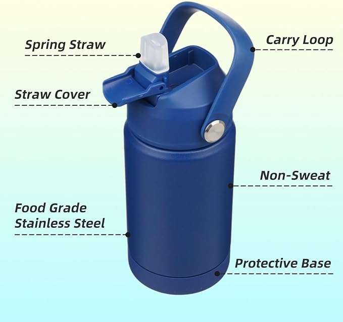 Insulated Water Bottle with Straw Lid,12 oz Stainless Steel Vacuum Metal Bottle with Silicone Handle,Klein Blue