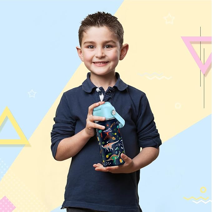 14oz Kids Insulated Water Bottle with Straw Lid - 18/8 Stainless Steel Kid Cup Travel Tumbler Double Wall Vacuum Leak Proof Portable Toddler Water Bottle (Dinosaur)