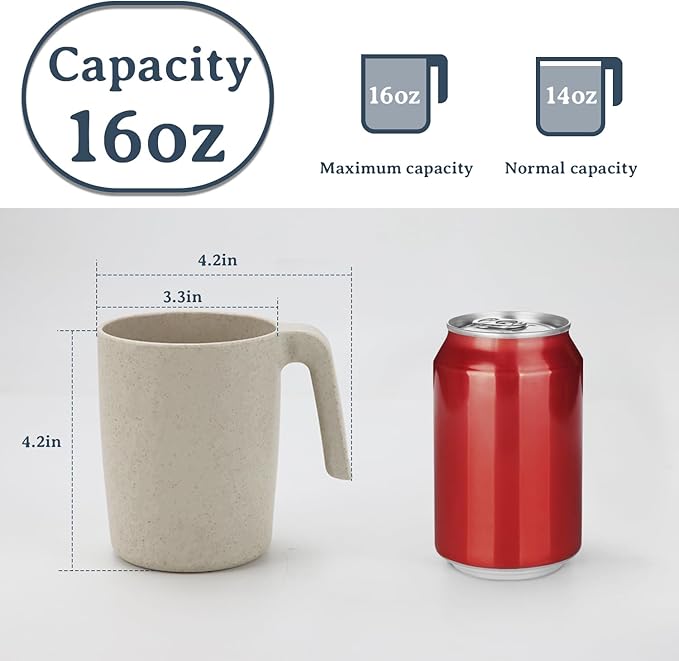 16oz Wheat Straw Cups with handles set of 6-Plastic Cups Reusable-Unbreakable Kids Mugs-Dishwasher Safe & Microwave Safe-Ideal Plastic Mugs for Tea,Coffee,Camping,RV-Beige