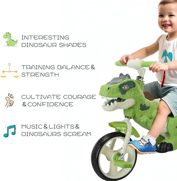 Dinosaur Kids Tricycle for Rider, Toddlers 2-6 Years - Trike Bike with Music, LED Lights, Storage Basket & Rubber Wheels | Indoor/Outdoor Big Wheels Bike Gift for Boys & Girls