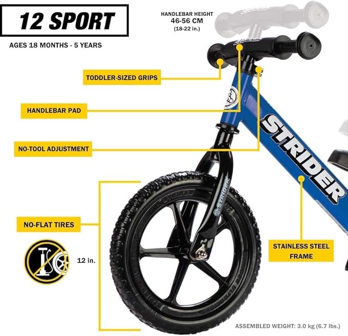 Strider 12” Sport Bike - No Pedal Balance Bicycle for Kids 1 to 4 Years - Includes Safety Pad, Padded Seat, Mini Grips & Flat-Free Tires - Tool-Free Assembly & Adjustments