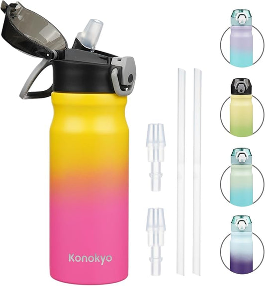 Insulated Water Bottle with Straw and Carry Loop,18 oz Stainless Steel Double Wall Vaccum Metal Water Flask with Leak-proof Lid,Rainbow