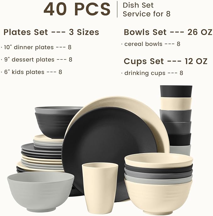 Homienly Kitchen Wheat Straw Dinnerware Set 40 PCS - Dinner Plates, Cereal Bowls, Wheat Straw Cups Set, Microwave and Dishwasher Safe Dishes Set, Unbreakable Dish Set for Party, Outdoor(Grey Stone)