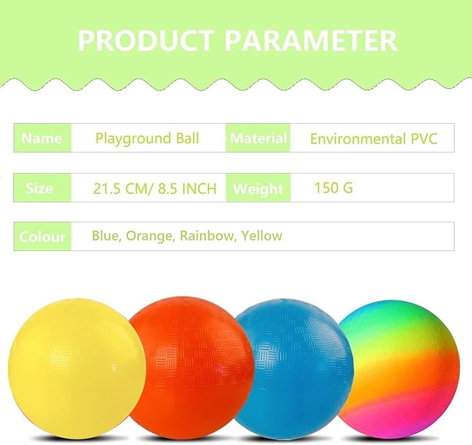 4 Pack Playground Ball, 8.5 Inch Rainbow Kickball for Kids Adults Indoor & Outdoor Dodgeball Handball Four Square Ball Schoolyard Game with Hand Pump
