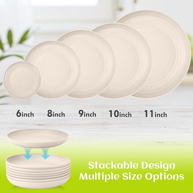 Homienly Plastic Dinner Plates, Wheat Straw Plates 11 Inch, Lightweight Unbreakable Plates Set of 8, Microwave Safe Plates, Deep Plates for Dinner - Beige