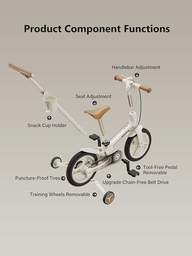 lecoco Upgraded Toddler Bike with Push Handle 6 in 1 for Kids, Balance Bicycle Toys with Training Wheels, Brackes, Cup Holder, Pedal, Kickstand Birthday Gift for Boys and Girls