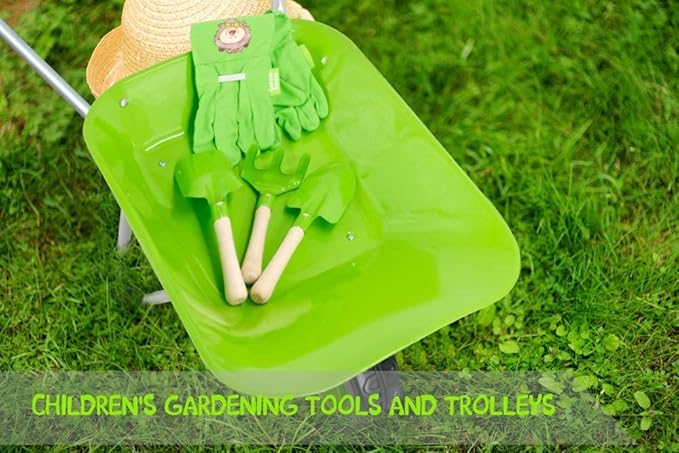 Kids Wheelbarrow Set Metal, Child Wheel Barrel Green Easy to Assemble and Kids Gardening Tools Kit, Garden Toys with Small Wheel Barrow, Outdoor Indoor Toys Gift for Children