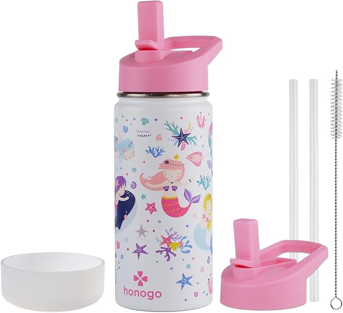 16 oz Stainless Steel Insulated Kids Water Bottle, Leak Proof Metal Thermal Flask with Straw lid, Cute Toddler Tumbler Cup for School Girls & Boys (White, Mermaid)