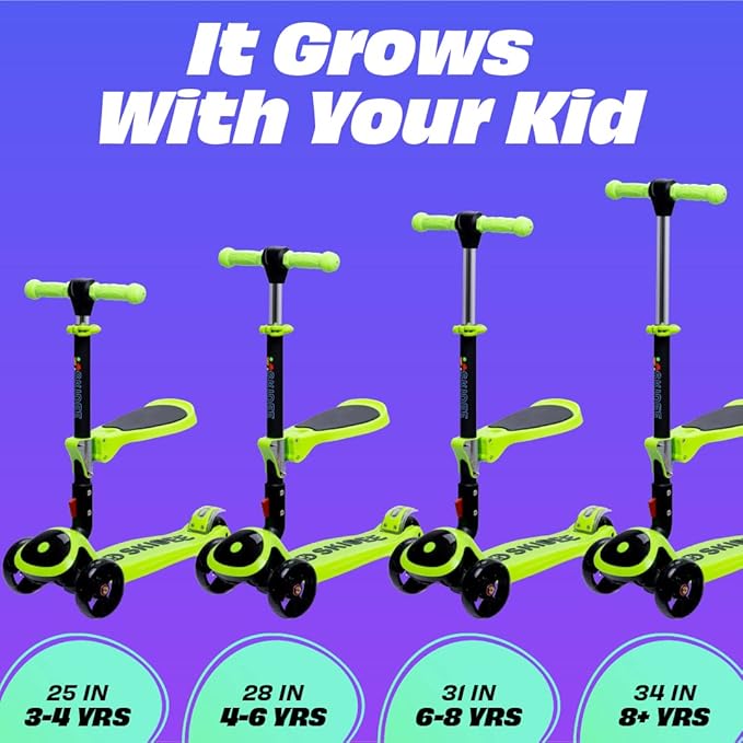 SKIDEE Kick Scooters for Kids Ages 3-5, Adjustable Height Foldable Scooter with Removable Seat, 3 LED Light Wheels, Rear Brake, Wide Standing Board, Suitable Up to 12 Year Old Boys/Girls