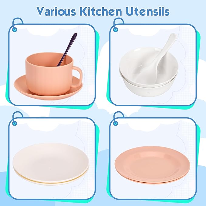 Bruvoalon 67Pcs Kids Play Kitchen Toys Set, Toddlers Pretend Cooking Playset Acccessories with Pots Pans, Utensils Cookware, Foods, Canned Veges, Learning Gift for Kids Girls Boys (Pink)