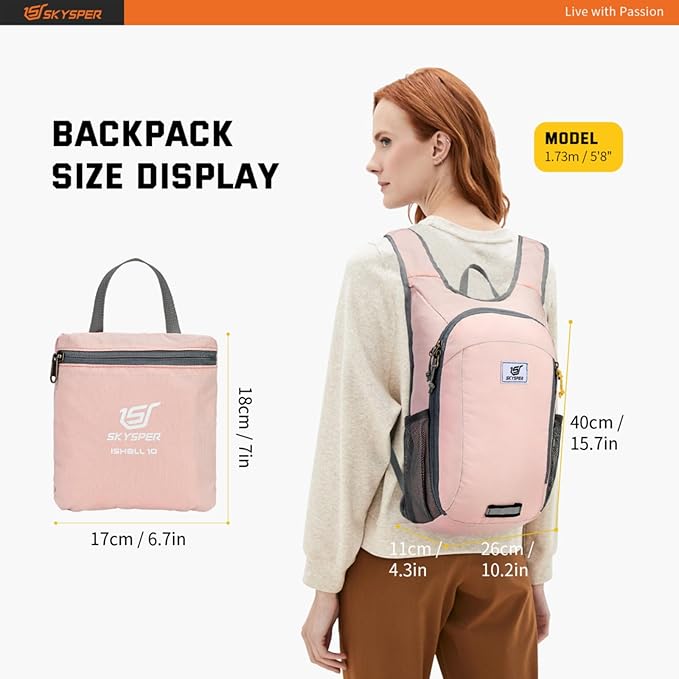 SKYSPER Small Daypack 10L Hiking Backpack Packable Lightweight Travel Day Pack for Women Men