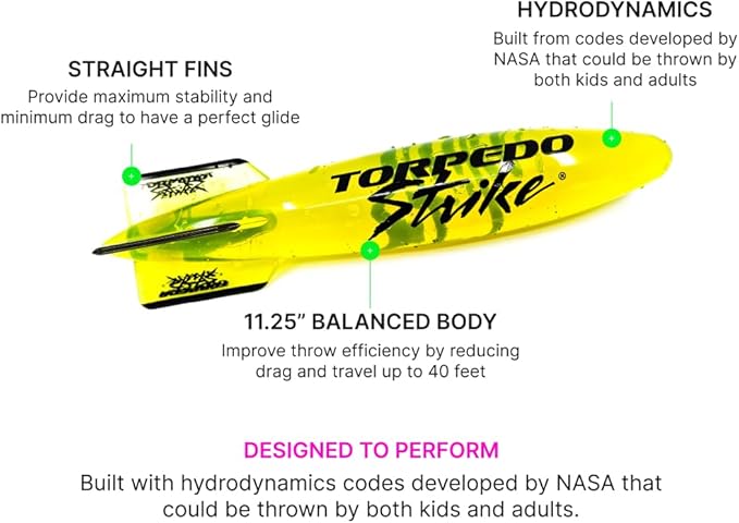 DartFin 11.25" Pro Size Ultra Premium Pool Torpedo Rocket Glides Up to 40 Feet Like Underwater Football for Underwater Passing Games Underwater Torpedo Large Diving Toy Glider (Yellow)