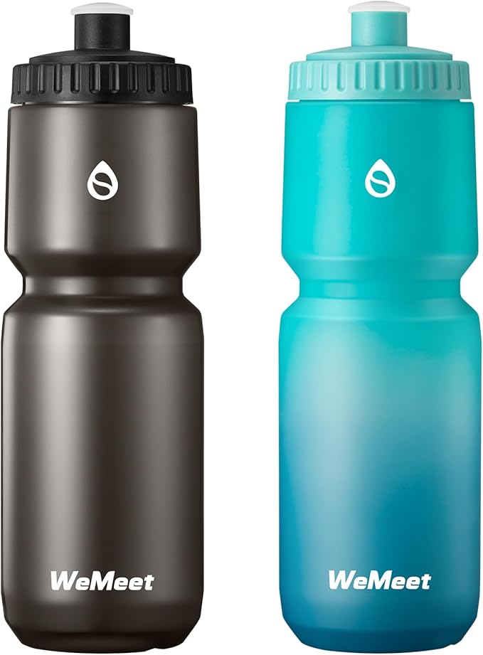 2-Pack Bike Water Bottle with Bite Valve, BPA Free, Fits Most Bike Cages, for Hiking, Bicycle Squeeze Sport Water Bottle for Riding, Hiking (Black & Green Blue, 32oz)