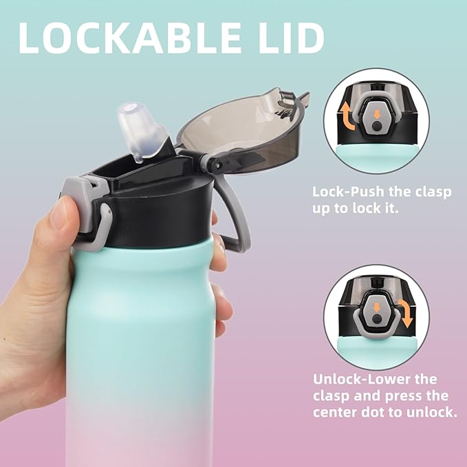 Insulated Water Bottle with Straw and Carry Loop,18 oz Stainless Steel Double Wall Vaccum Metal Water Flask with Leak-proof Lid,Gum