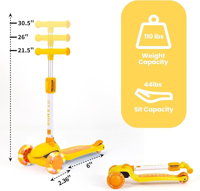 GLAMUP Kids Kick Scooter 3 Wheels, Kids Scooter Height Adjustable Handlebar, Lean-to-Steer System & Easy-Folding Mechanism, Ages 3-14 Boys and Girls