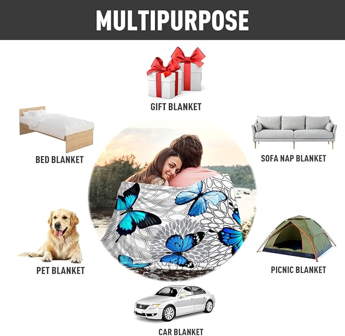 Butterfly Blanket Beautiful Blue Butterfly Throw Blanket Ultra Soft Flannel Butterflies Blanket Gifts for Kids Adults 60"X50"