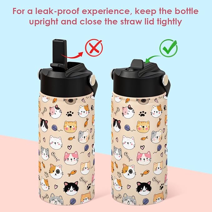 SANDJEST Kids Water Bottle with Straw Lid, Pack of 2 Insulated 12 Oz Stainless Steel Water Bottles for Girls, Travel Cup for School Sports, Cat - Unicorn