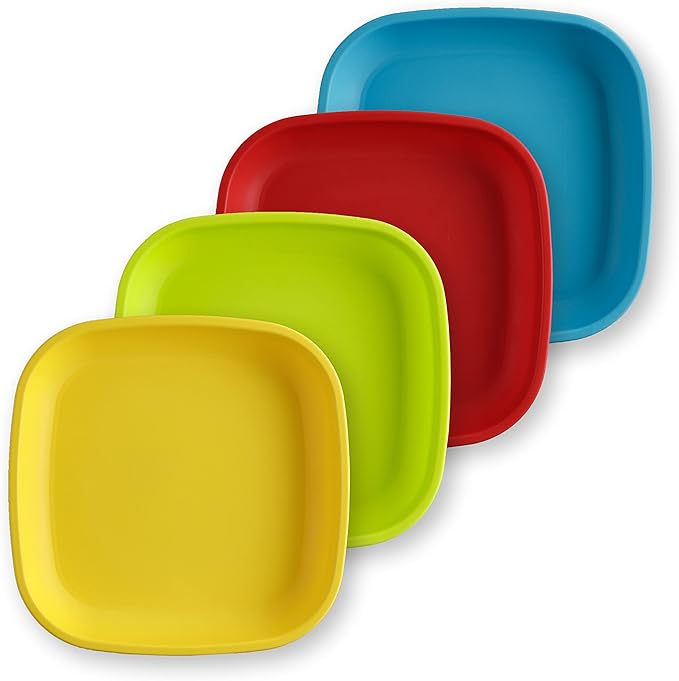 Re-Play Toddler Plates - 22 Oz. Deep-Walled Flat Kids Plates - Dishwasher & Microwave Safe - Made in USA - Set of 4-7.37" x 7.37" x 1.25" - Preschool