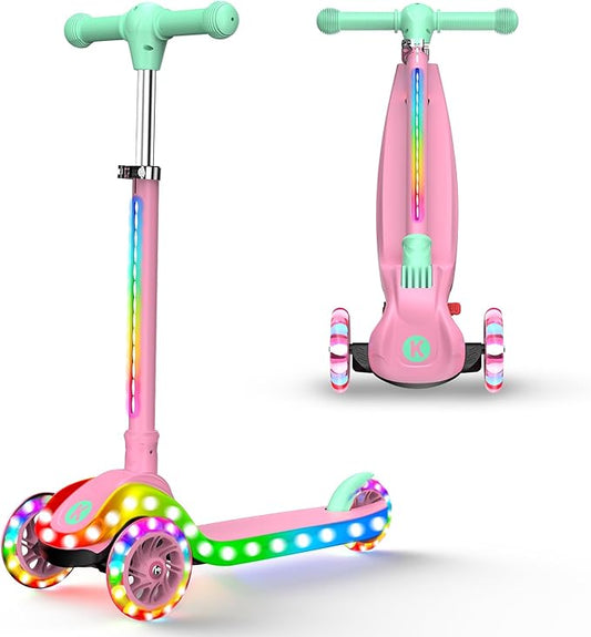 2-in-1 Adjustable Kick Scooter for Kids 3-5 (Suitable 3-12 Years),5-Level Handlebar & Removable Seat, LED Light-Up Wheels, Wide Deck, Foldable Design for Indoor/Outdoor Use - Girls & Boys